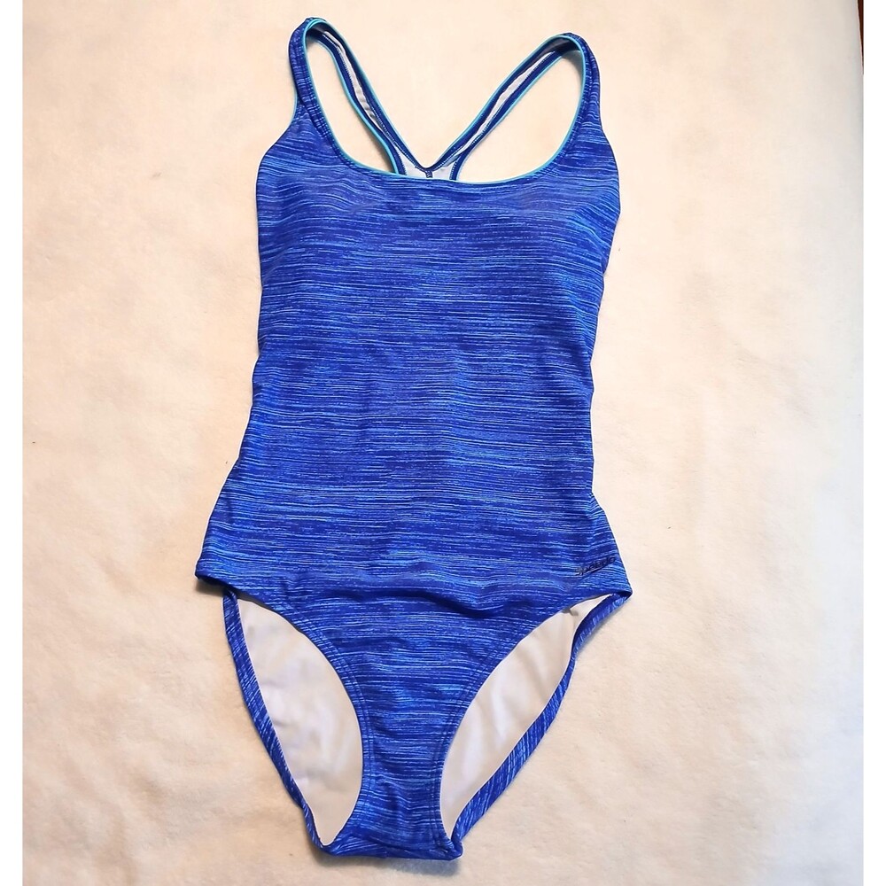 Speedo Women's One-Piece Bathing Suit Blue Ombre Print Turquoise Trim Size 12
